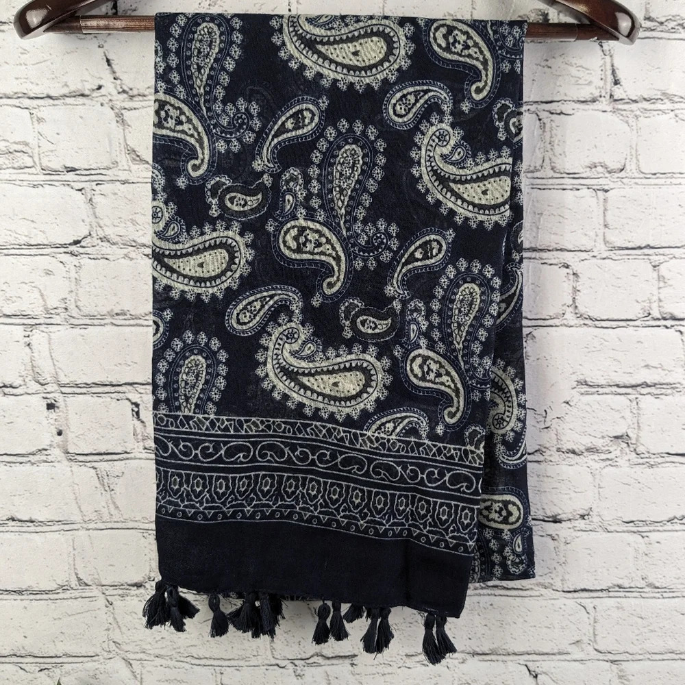 Sheer lightweight blue paisley scarf with tassels